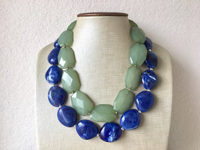 Cucumber Green & Blue Statement Necklace, Chunky Beaded Necklace, Periwinkle Jewelry, dark blue Necklace, blue green beaded necklace