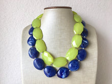 Load image into Gallery viewer, Lime Green &amp; Blue Statement Necklace, Chunky Beaded Necklace, Periwinkle Jewelry, dark blue Necklace, blue green beaded necklace