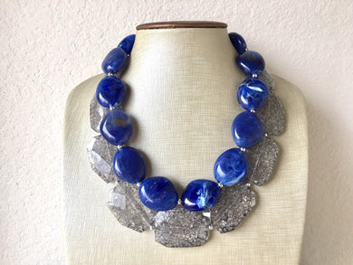 Blue & Gray Necklace, multi strand jewelry, big beaded chunky statement necklace, royal blue necklace, bridesmaid necklace, gray