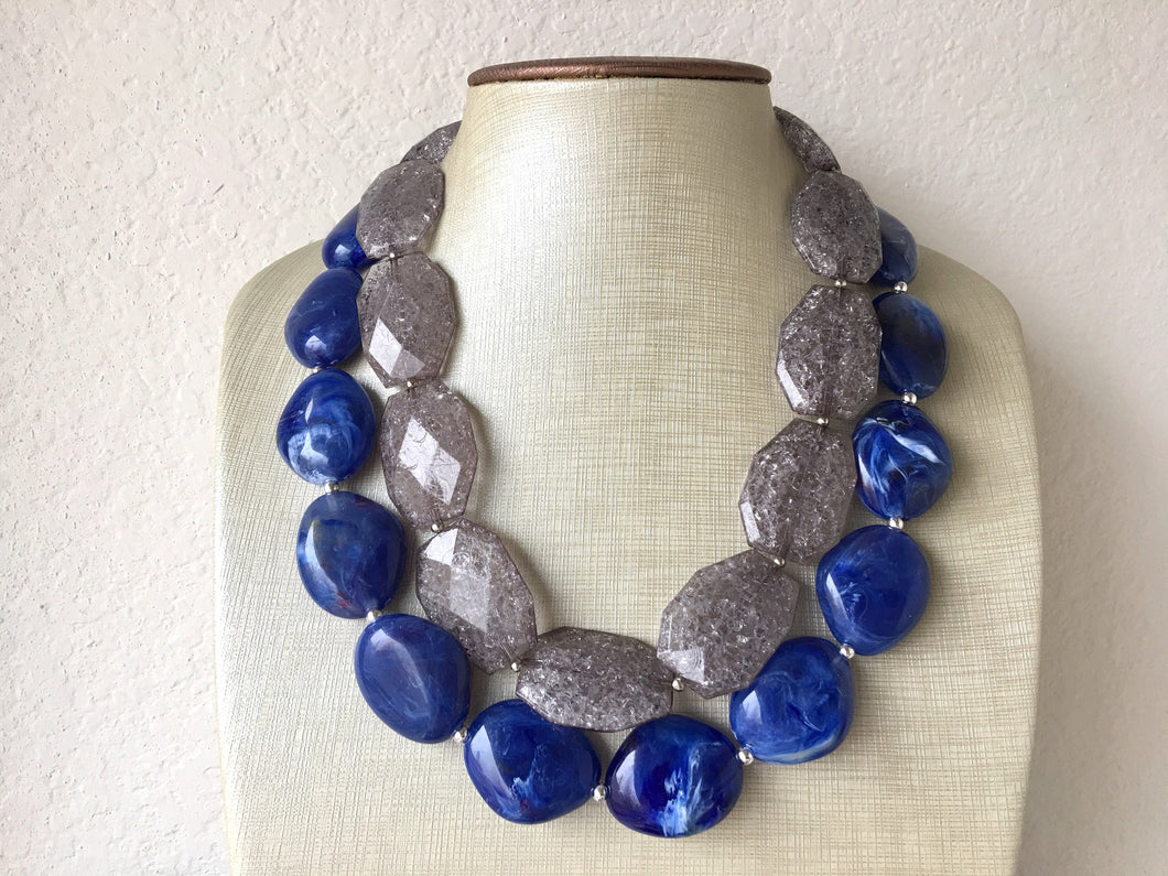 Blue & Gray Necklace, multi strand jewelry, big beaded chunky statement necklace, royal blue necklace, bridesmaid necklace, gray