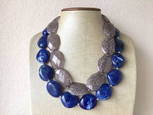 Load image into Gallery viewer, Blue &amp; Gray Big Beaded Necklace, multi strand jewelry bib collar chunky statement necklace, royal blue necklace, bridesmaid necklace