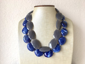 Blue & Gray Necklace, multi strand jewelry, big beaded chunky statement necklace, royal blue necklace, bridesmaid necklace, gray