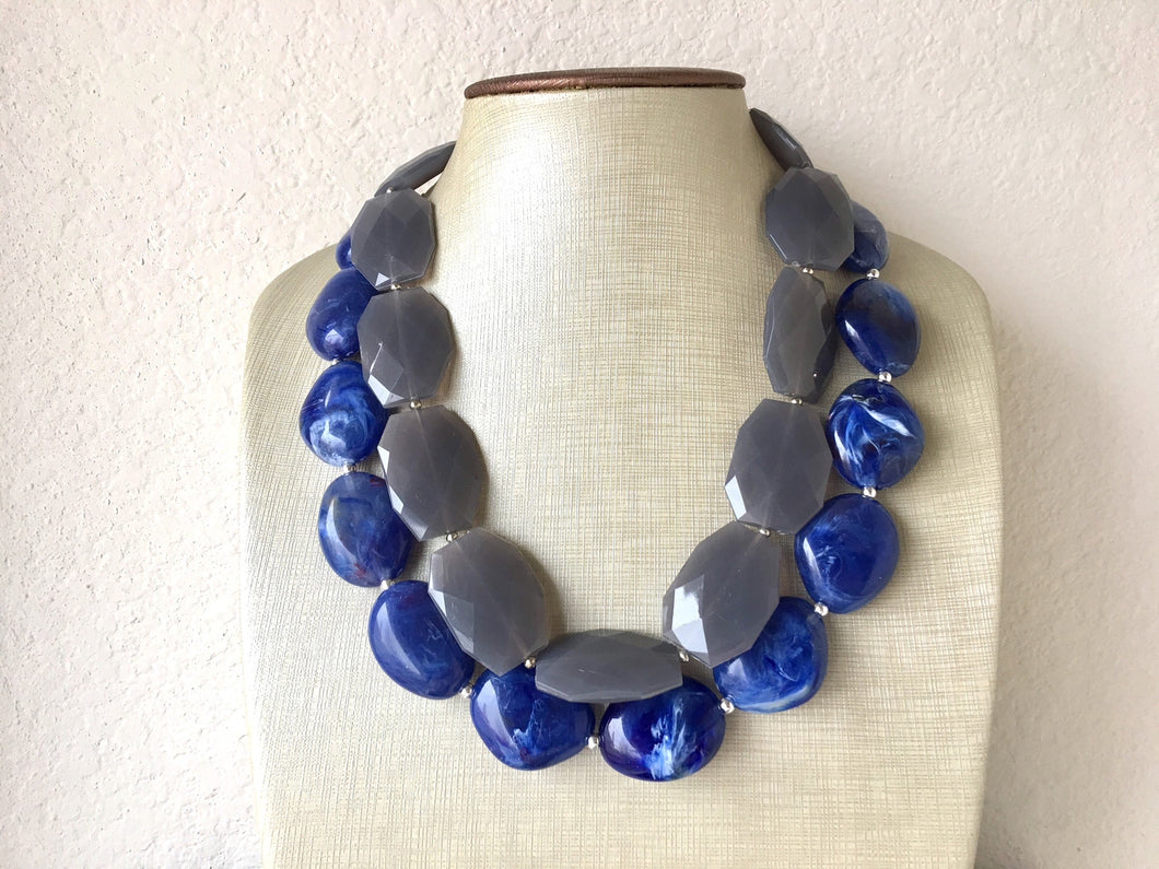 Blue & Gray Necklace, multi strand jewelry, big beaded chunky statement necklace, royal blue necklace, bridesmaid necklace, gray