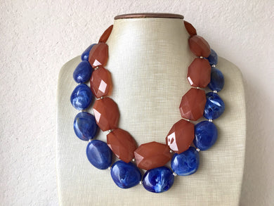 Coffee & Blue Statement Necklace, Chunky Beaded Necklace, Chocolate Jewelry, dark blue Necklace, blue brown beaded necklace