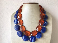 Load image into Gallery viewer, Brown &amp; Royal Blue Statement Necklace, Chunky Beaded Necklace, Chocolate Jewelry, dark blue Necklace, blue brown beaded necklace