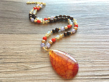 Load image into Gallery viewer, Earthy neutrals &amp; red AGATE Pendant Chunky Statement Necklace jewlery, Beaded wood teardrop gold pendant chunky bib yellow marigold