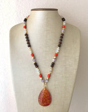 Load image into Gallery viewer, Earthy neutrals &amp; red AGATE Pendant Chunky Statement Necklace jewlery, Beaded wood teardrop gold pendant chunky bib yellow marigold