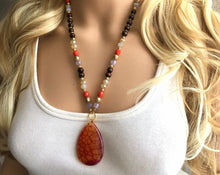 Load image into Gallery viewer, Earthy neutrals &amp; red AGATE Pendant Chunky Statement Necklace jewlery, Beaded wood teardrop gold pendant chunky bib yellow marigold