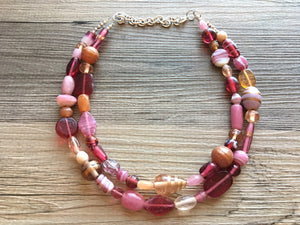 Glass Lampwork handmade beaded Chunky Statement Necklace, double strand jewelry, blush pink magenta gold geometric glass jewelry