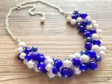 Load image into Gallery viewer, Royal Blue and White Pearl Cluster Necklace / Game Day or Bridesmaid Jewelry, white and blue sport team jewelry