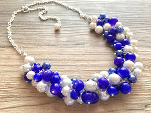 Royal Blue and White Pearl Cluster Necklace / Game Day or Bridesmaid Jewelry, white and blue sport team jewelry