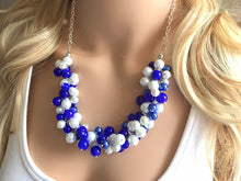 Load image into Gallery viewer, Royal Blue and White Pearl Cluster Necklace / Game Day or Bridesmaid Jewelry, white and blue sport team jewelry