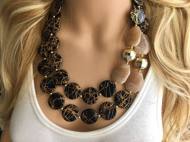 Gold Goddess chunky statement necklace, big beaded jewelry, gifts for women bib jewelry Multi-Strand Nugget mirror black gold painted