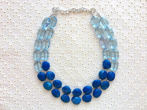 Big Bead light Blue & royal blue Necklace - Double Strand Statement Jewelry, Chunky bib bridesmaid or everyday bubble jewelry