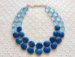 Big Bead light Blue & royal blue Necklace - Double Strand Statement Jewelry, Chunky bib bridesmaid or everyday bubble jewelry