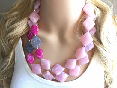 Blush Pink & Gray Chunky Statement jewelry set, Big bib beaded Double Strand Statement Necklace earrings, light pink bridesmaid wedding