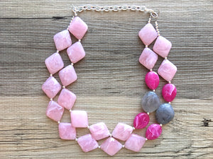 Blush Pink & Gray Chunky Statement jewelry set, Big bib beaded Double Strand Statement Necklace earrings, light pink bridesmaid wedding