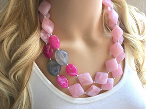 Blush Pink & Gray Chunky Statement jewelry set, Big bib beaded Double Strand Statement Necklace earrings, light pink bridesmaid wedding