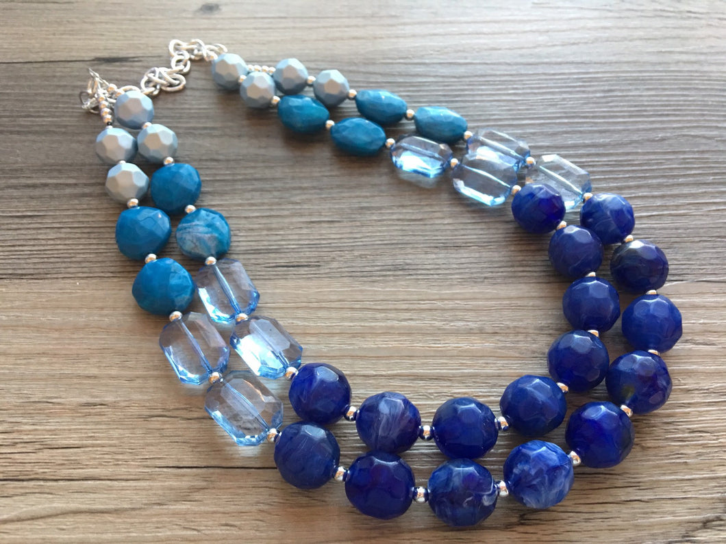 Big Bead light Blue & royal blue Necklace - Double Strand Statement Jewelry, Chunky bib bridesmaid or everyday bubble jewelry