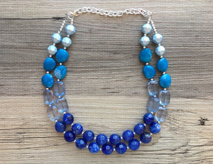 Big Bead light Blue & royal blue Necklace - Double Strand Statement Jewelry, Chunky bib bridesmaid or everyday bubble jewelry