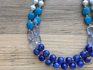 Big Bead light Blue & royal blue Necklace - Double Strand Statement Jewelry, Chunky bib bridesmaid or everyday bubble jewelry