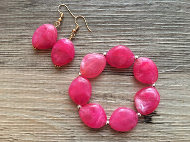 Dark Pink Earrings & Bracelet set, Your Choice Gold OR Silver jewelry, hot pink necklace jewelry stretchy bracelet drop dangle earrings
