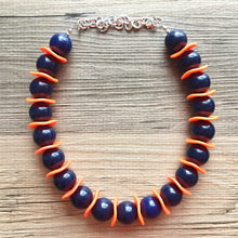 Load image into Gallery viewer, Navy Blue &amp; Orange Statement Necklace Jewelry Set, Chunky Jewelry Big Beaded single Strand Necklace, orange Necklace, navy Jewelry Set