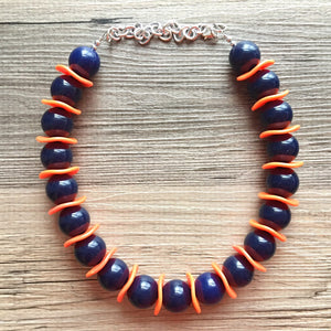 Navy Blue & Orange Statement Necklace Jewelry Set, Chunky Jewelry Big Beaded single Strand Necklace, orange Necklace, navy Jewelry Set