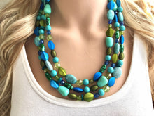 Load image into Gallery viewer, Blue &amp; Green Mermaid Peacock Chunky Statement Necklace, Triple Strand Beaded Jewelry, Blue Green jewelry, bridesmaid wedding bib resin