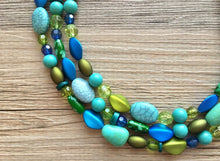 Load image into Gallery viewer, Blue &amp; Green Mermaid Peacock Chunky Statement Necklace, Triple Strand Beaded Jewelry, Blue Green jewelry, bridesmaid wedding bib resin