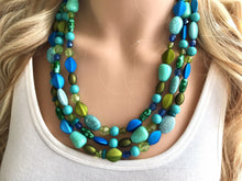 Load image into Gallery viewer, Blue &amp; Green Mermaid Peacock Chunky Statement Necklace, Triple Strand Beaded Jewelry, Blue Green jewelry, bridesmaid wedding bib resin