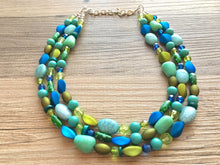 Load image into Gallery viewer, Blue &amp; Green Mermaid Peacock Chunky Statement Necklace, Triple Strand Beaded Jewelry, Blue Green jewelry, bridesmaid wedding bib resin