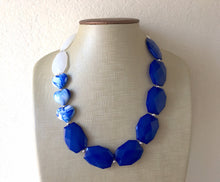 Load image into Gallery viewer, Blue &amp; White Statement Jewelry Set, big Beaded Chunky necklace earrings, Double Strand wedding, Kentucky bridesmaid necklace