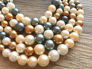 Five Strand neutral chunky statement necklace & earrings, big bead jewelry gifts for women, bib jewelry pearl necklace, beaded white gray