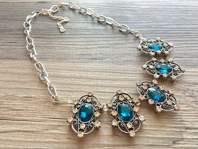 Turquoise Rhinestone Statement Necklace with major BLING, clear and gold chunky necklace, statement jewelry, gemstone necklace, faux diamond