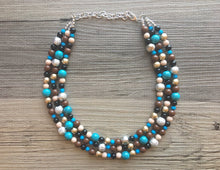 Load image into Gallery viewer, Metallic Southwest Triple Strand necklace, chunky beaded jewelry turquoise gold silver brown tan jewelry, blue chunky bib necklace