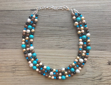 Metallic Southwest Triple Strand necklace, chunky beaded jewelry turquoise gold silver brown tan jewelry, blue chunky bib necklace