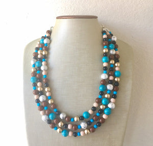 Metallic Southwest Triple Strand necklace, chunky beaded jewelry turquoise gold silver brown tan jewelry, blue chunky bib necklace