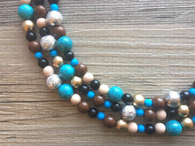 Load image into Gallery viewer, Metallic Southwest Triple Strand necklace, chunky beaded jewelry turquoise gold silver brown tan jewelry, blue chunky bib necklace