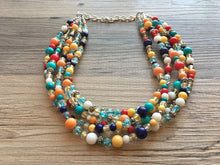 Load image into Gallery viewer, Multi-Color RAINBOW &amp; Silver Beaded Becklace, Bright Colorful Statement Necklace, Chunky Beaded Necklace, Colorful jewelry set, earrings