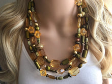 Load image into Gallery viewer, Gold &amp; Olive 3 Strand statement necklace, big beaded necklace, chunky jewelry, green necklace, gold necklace, multi-strand bib jewelry