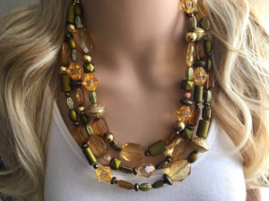 Gold & Olive 3 Strand statement necklace, big beaded necklace, chunky jewelry, green necklace, gold necklace, multi-strand bib jewelry