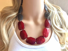 Load image into Gallery viewer, Neutral Statement Necklace, Maroon &amp; Gray Necklace, One Strand Statement Necklace, fall colors necklace, chunky bib red and gray