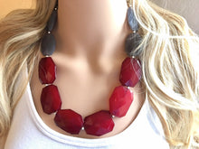 Load image into Gallery viewer, Neutral Statement Necklace, Maroon &amp; Gray Necklace, One Strand Statement Necklace, fall colors necklace, chunky bib red and gray