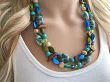 Load image into Gallery viewer, Mermaid Peacock Chunky Statement Necklace, Triple Strand Beaded Jewelry wood Blue Green jewelry, bridesmaid wedding bib resin