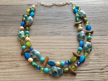 Load image into Gallery viewer, Mermaid Peacock Chunky Statement Necklace, Triple Strand Beaded Jewelry wood Blue Green jewelry, bridesmaid wedding bib resin