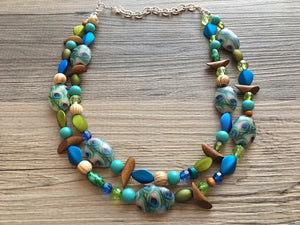 Mermaid Peacock Chunky Statement Necklace, Triple Strand Beaded Jewelry wood Blue Green jewelry, bridesmaid wedding bib resin