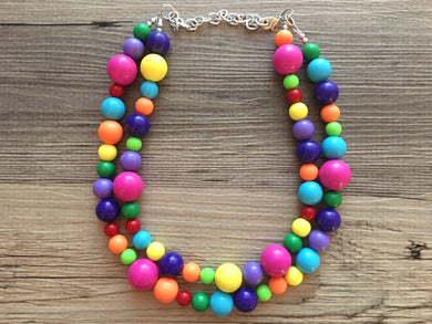 Statement Necklace, rainbow double strand chunky bib beaded jewelry, colorful bead necklace, thick textured rainbow statement