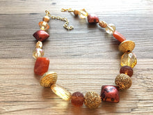 Load image into Gallery viewer, Burnt Orange &amp; Gold Necklace, single strand jewelry, big beaded chunky statement necklace, bridesmaid necklace mustard yellow