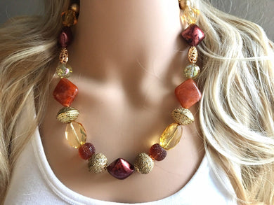 Burnt Orange & Gold Necklace, single strand jewelry, big beaded chunky statement necklace, bridesmaid necklace mustard yellow